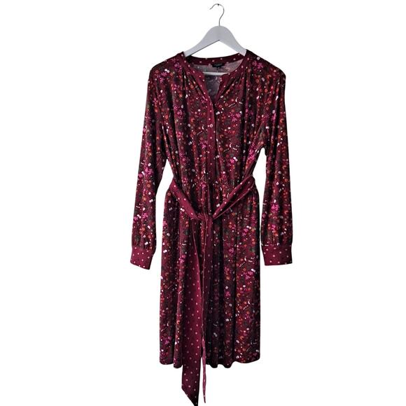 Talbots Petite Fruits Flowers Tie Waist Fit Flare Dress Burgundy Womens Size 1XP - Picture 2 of 10